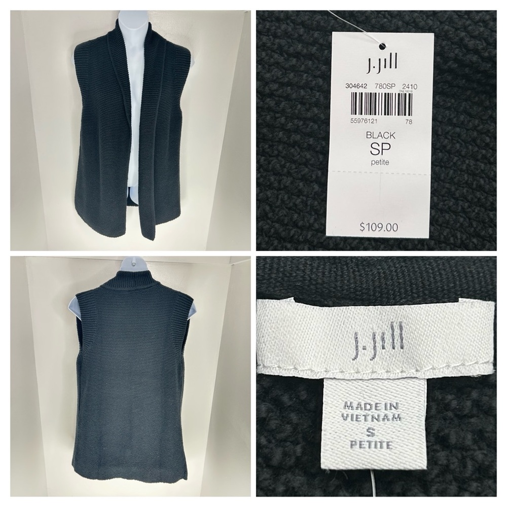 J. Jill NWT Longline Knit Sweater Vest Cardigan Petite PS Small Black Open Front